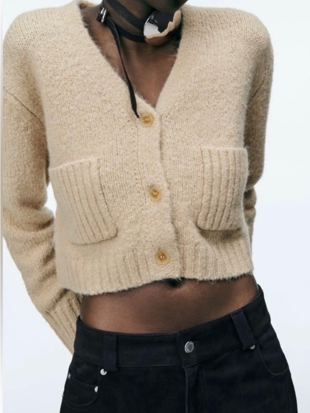 Zara NWT Wool Blend Cropped Cardigan Small Beige V-Neck Pocket Sweater
